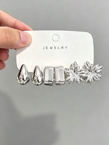 6/18pcs Luxury Shiny Silver Flower Stud Earrings Set, Versatile Daily Wear Multi-Style Ear Jewelry - Multicolor - View 2