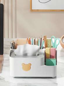 Makeup Brush Holder With Tissue Box - Cute Bear-Shaped Desktop Storage Box, Can Hold Remote Control, Phone, Makeup Brushes And Cosmetics; Ideal Decor For Living Room, Office And Vanity - Multicolor - View 3