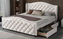 Bed Frame 160 X 200 Cm - With Slatted Base, 2 Drawers And Headboard With Hook Points – Wood & Faux - 白色 - 查看 4