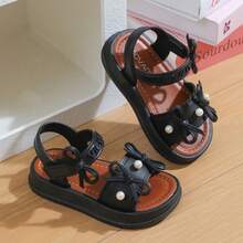 Lugualt Girls' Fashion Sunny Sandals, Korean Style Bowknot Hook & Loop, Lightweight Non-Slip Soft Sole Princess Sandals For Daily Wear And Outings - Black - View 5