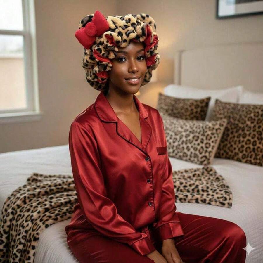 1pc New Leopard Print Plush 3D Cat Ear Headband With Bow, Quick-Dry Hair Cap, Sleep Cap For Women And Men - Multicolor - View 1