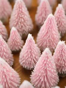 6pcs/1pc Mini Bottle Brush Christmas Tree With Wooden Base, Christmas Decoration, Artificial Plastic Mini Tree Handmade Ornament, Winter Snowy Christmas Table Party Decor (Pink) - Pink - View 2
