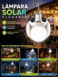 Bombilla de luz solar LED, lámpara de camping recargable por USB, foco portátil para exteriores, lámpara colgante multifunción con linterna - Blanco Frío - Ver 9