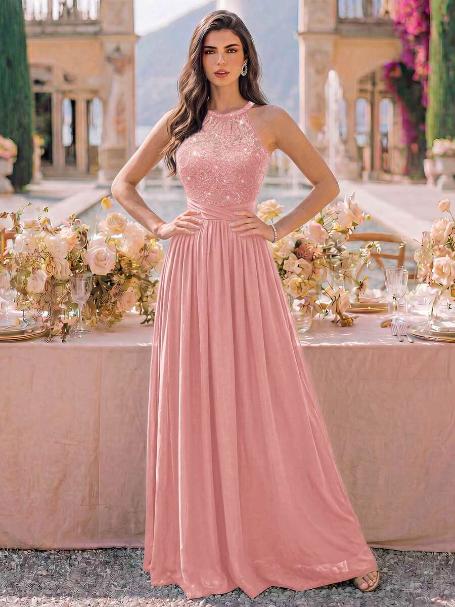 MIUSOL Sequin Floral Lace Halter Neck Sleeveless Ruched Chiffon Formal Party Long Dress, Formal Evening Gown Pink Wedding Fall - Pink - View 1