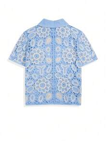 Men's Unisex Polo Collar Knitted Cardigan, Daily Vacation Casual Hand-Crocheted Hollow Out Loose Short Sleeve Top, Spring/Summer - Blue - View 5