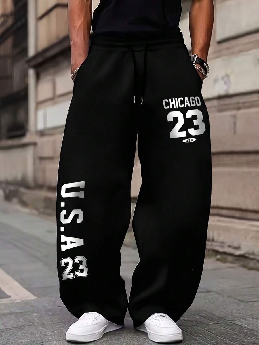 SU ER Men's Summer Casual Loose Drawstring Elastic Waist Wide Leg Long Pants With Drape - Black - View 1