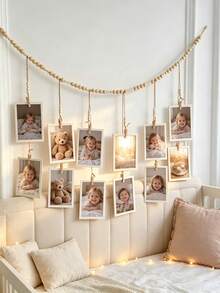 1pc Photo Banner With 12 Wooden Clips, Hanging Wooden Bead Photo Display Rack, Wooden Bead Garland, Suitable For Baby Essentials, Newborn Essentials - Multicolor - View 7