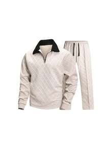 Men's 2 Pieces Set, 1/4 Zip Pullover And Long Pants, Casual Versatile, Suitable For Daily And Business Wear Sports - Apricot - View 2