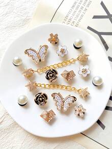 16 pièces Accessoires de chaîne dorée petite, papillon, fleur, décoration de chaussures DIY, convient pour les sandales perforées, mode élégante, cadeau pour la petite amie - Doré - Voir 3