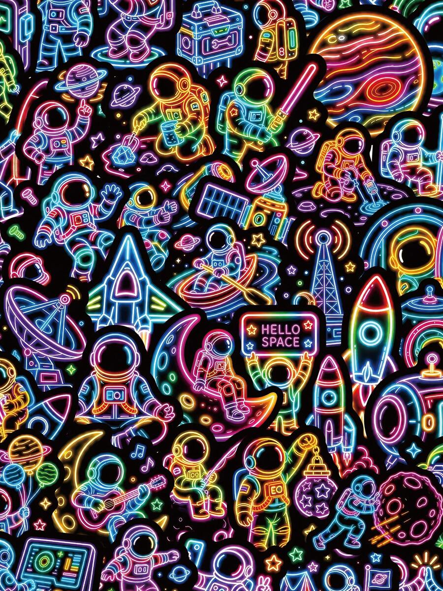 54 Stücke Cooles Neon-Umriss-Weltraum-Sticker-Set, bedruckte leuchtende Linien Astronaut Alien UFO Planet Ästhetik Aufkleber, wasserfeste Vinyl-Sticker für Teenager Jungen Notizbuch Tasse Sammelalbum Laptop Handyhülle Weltraum-Liebhaber Geschenk Dekoration - Mehrfarbig - Übersicht 1