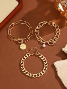 3Pcs Gold Chunky Chain Bracelet Set, Vintage OT Toggle Clasp Cuban Link Bracelet For Women Daily Party Jewelry Gift - Multicolor - View 5