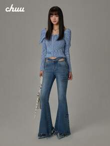 Chuu Celana Jeans Model Flare dengan Banyak Saku dan Rumbai untuk Musim Gugur - Biru - View 5