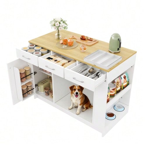 Kitchen Island, Cabinet With 3 Drawers, 1 Spice Rack, Adjustable Shelf, Double Shelf (Without Dog Food Bowl), Spacious Pet Storage Area (Without Dog Cushion), 120*60*90 Cm, White