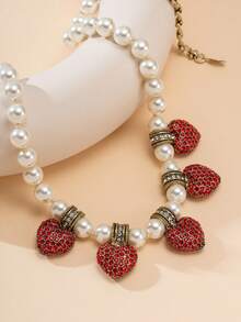 1pc French Vintage White Faux Pearl Necklace With 5 Red Rhinestone Heart Decor, Adjustable Extension Chain, Women's Date Night Dress Accessory, Holiday Gift Necklace - Multicolor - View 4