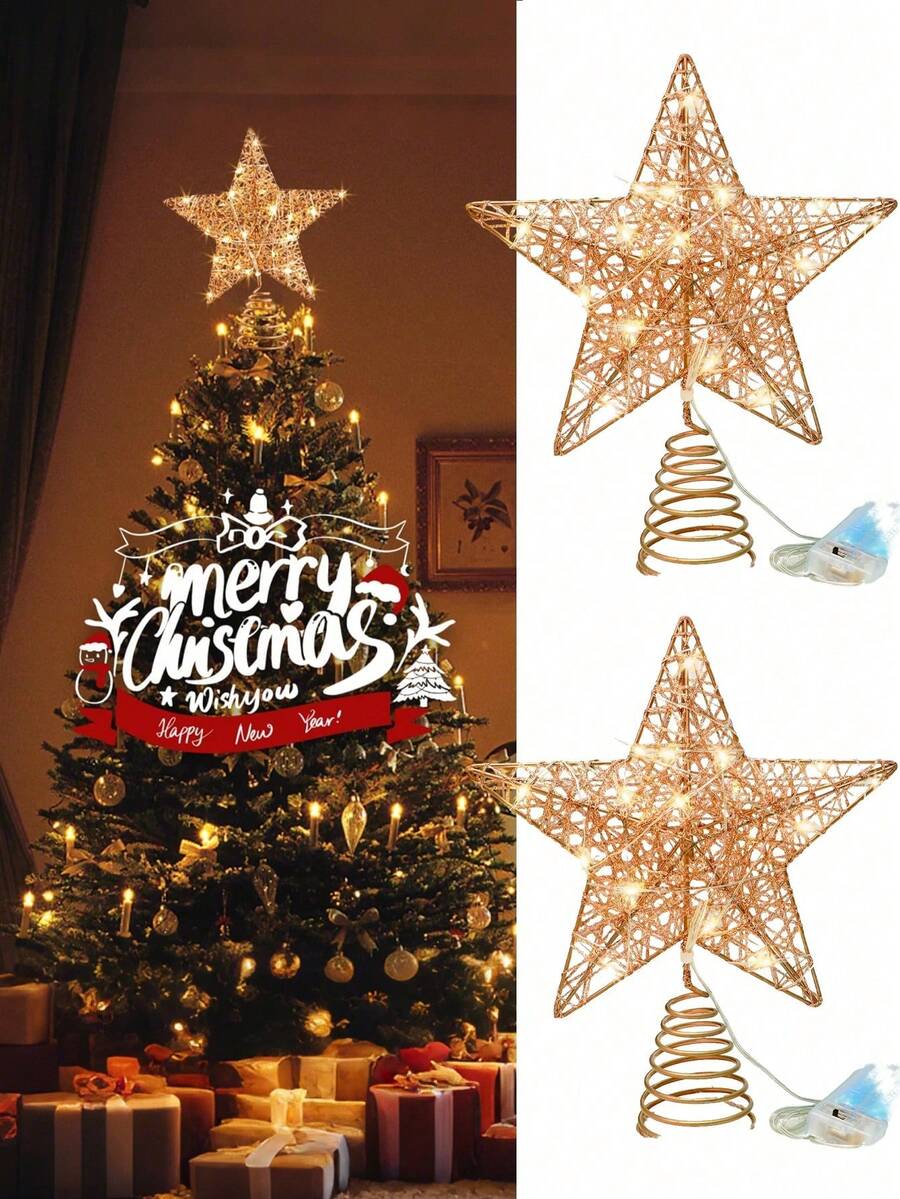 1pc-Christmas Lighted Christmas Tree Topper Tree Topper Star, Glitter Christmas Tree Topper Decorations Champagne Christmas Tree Star Suitable For Home Christmas Tree Decoration, Christmas Tree Star Topper, Hollow Star Tree Topper Decoration, Christmas Tree Decoration, Holiday Decoration, Christmas Home Gift, Christmas Decoration