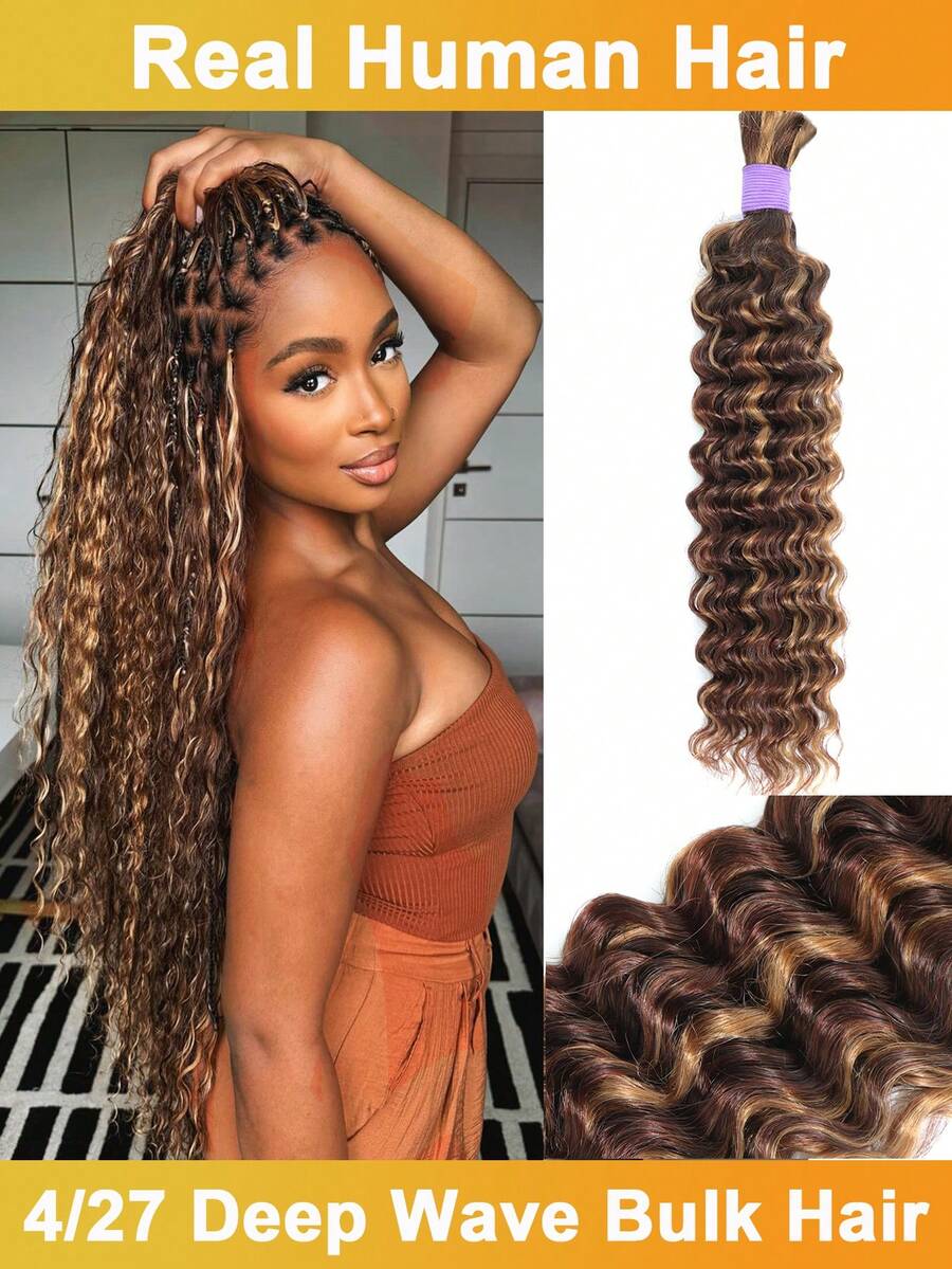 Human Braiding Hair For Boho Braids Deep Wave Bulk Human Hair Bundles 90g Boho Hair For Braiding Curly Wave Free Knotless Braiding Hair #4/27 Highlight - S4/27 - View 1