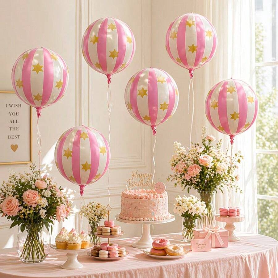 22 Inch Carnival Circus Decorative Balloons, 4D Light Pink Round Foil Balloons With Stars And Stripes, Suitable For Christmas Theme Party Decoration, Shower, Birthday Party, Wedding, Anniversary, New Year, Outdoor And Indoor Holiday Event Atmosphere Decor, Photo Props - 22-inch 4D Star Stripe - Pink - View 1