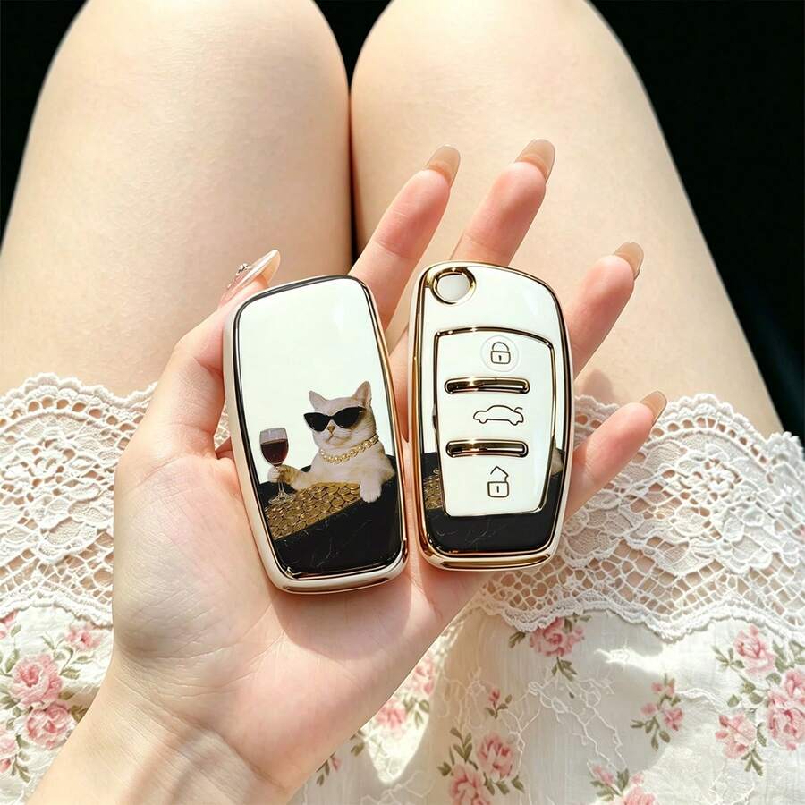 1pc Car Key Case-Exquisite Print,Suitable For Audi A3 8P, A6 C6, Q3 8U, A1 8X, Q7 4L, TT 8J, R8 42.Advanced Soft-Touch, Does Not Block Signal, Unisex. - Audi 3 Button Model CA - View 1