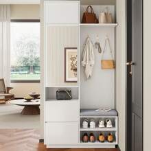 Compact Wardrobe With Mirror And Bench - Entryway Furniture Set - White - View 8