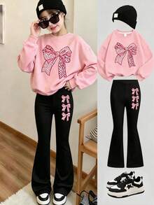 2PCS/Set Teen Girl Cartoon Bow Print Long Sleeve Sweatshirt And Flare Pants Set, Y2K Top And Bottom 2-Piece Outfit For Autumn/Winter, Suitable For Daily Wear - Multicolor - View 4