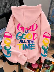 「God Is Always Good」字母印花大尺碼女款休閒衛衣，秋冬長袖口袋連帽運動衫，粉紅色 - 粉色 - 查看 1