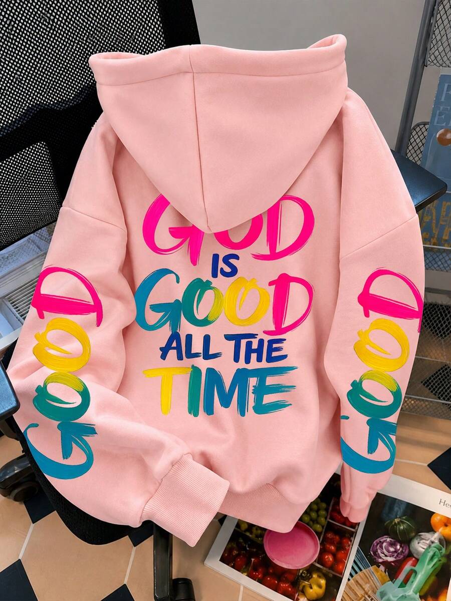 「God Is Always Good」字母印花大尺碼女款休閒衛衣,秋冬長袖口袋連帽運動衫,粉紅色 - 粉色 - 查看 1