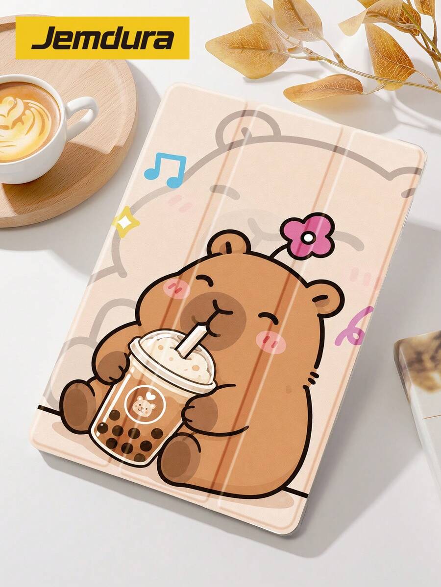 1件裝卡通動物水豚喝奶茶圖案平板保護殼，三折支架保護殼，相容 iPad 10.2 吋 (A16)、11 吋第 11 代 2025、第 10 代、Air 第 4 代 10.9 吋、Air 8 (M4) 2026 (11 吋)，附筆槽，支援睡眠/喚醒