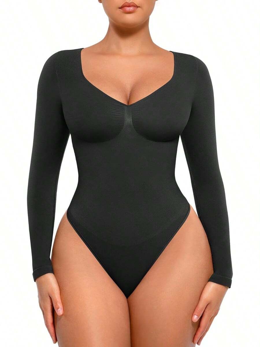 FeelinGirl Women's Long Sleeve Shapewear Bodysuit For Tummy Control Seamless Body Suits Thong V Neck Going Out Tops - Black - View 1