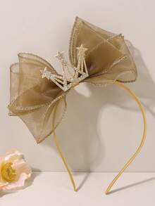 1pc Crown Birthday Bow Headband Champagne Mesh Hair Band Suitable For Birthday Parties And Special Occasions As A Gift For Girls - Champagne - View 6