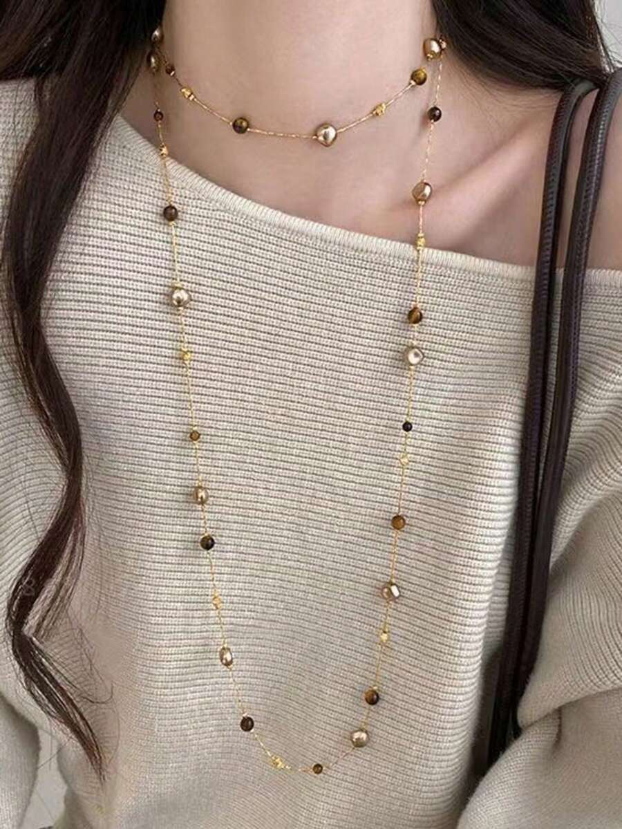 1pc Maillard Tiger Eye Stone Beaded Long Necklace, Women's Autumn/Winter Versatile Long Sweater Chain, Layered Collarbone Chain - Multicolor - View 1