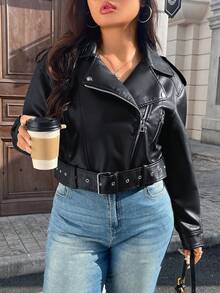 Jaket Pendek Kulit PU Ukuran Besar Wanita Model Vintage Bahu Jatuh Lengan Panjang dengan Sabuk Musim Gugur - Hitam gelap - View 7