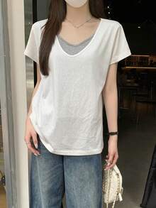 Loose V-Neck Colorblock 2 In 1 Versatile Short Sleeve T-Shirt Top Casual White Summer - White - View 10