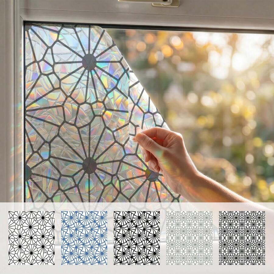 Static Cling Geometric Floral Window Film 28*100cm/43x100cm Minimal Line Pattern Rainbow Prism Privacy Glass Sticker Waterproof Decor For Bathroom Kitchen Cabinet