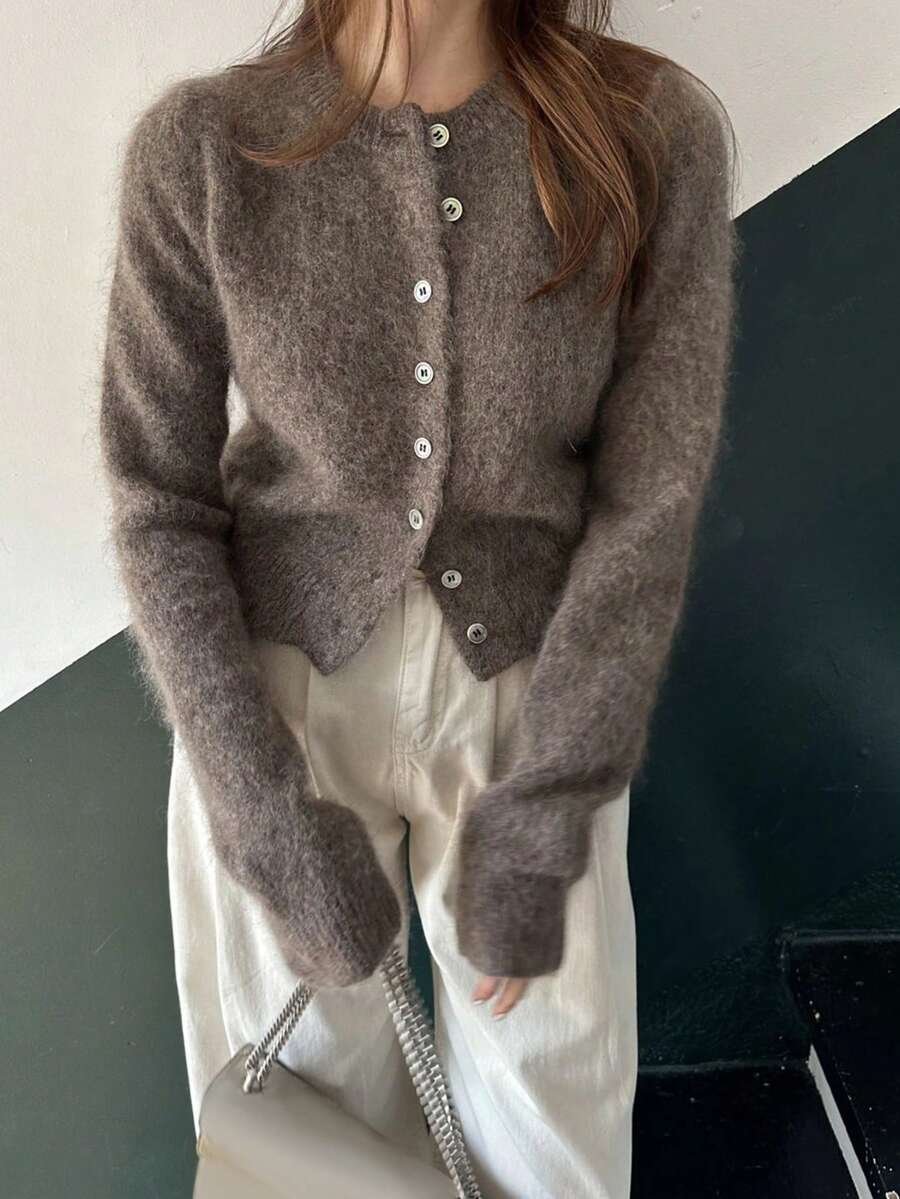 SCARLUX Fall Winter Women Y2K Knit Cardigan, Brown Button Sweater For Back To School, Street, Commute, Loungewear - Light Khaki - View 1