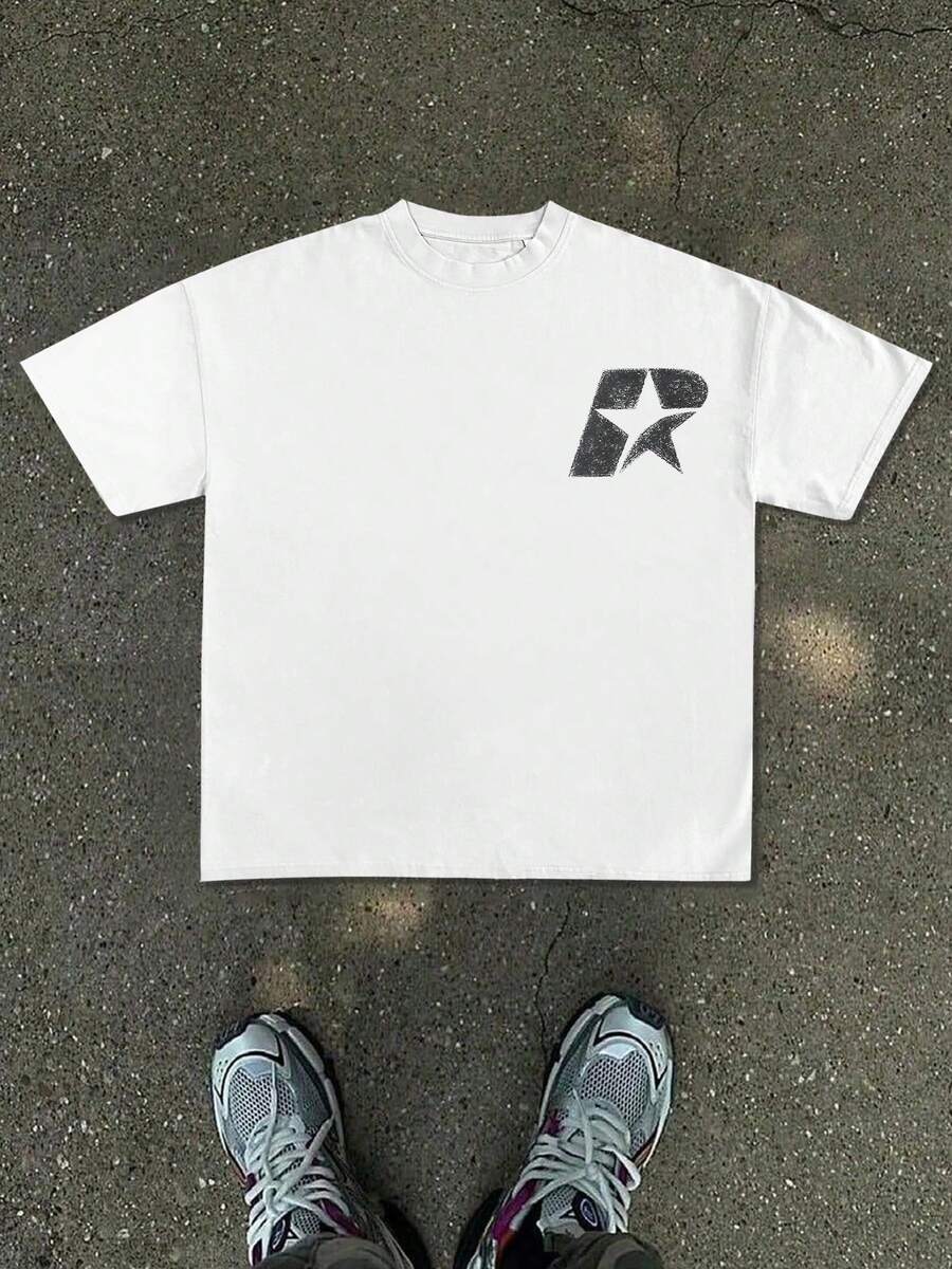 New Men's T-Shirt, Minimalist White Base Pattern With An Abstract Geometric Lettering Graphic In Vintage Style On The Left Chest, Minimalist And Versa - 白色 - 查看 1