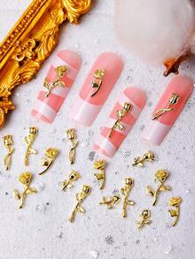 6-Grid 36pcs Luxury Metal Tulip & Rose Nail Art Charms, DIY Press-On Nail Accessories, Korean & Japanese Fashion Versatile Metal 3D Nail Decor, Y2K Vintage Floral Nail Art Charms - Gold - View 3