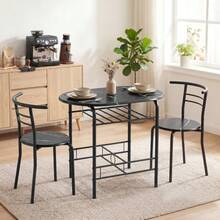 Juego de Comedor de 3 Piezas, Mesa de Cocina y Sillas para 2 Personas con Estante, Sala de Estar, Aspecto Mármol Negro - 1 - Ver 2