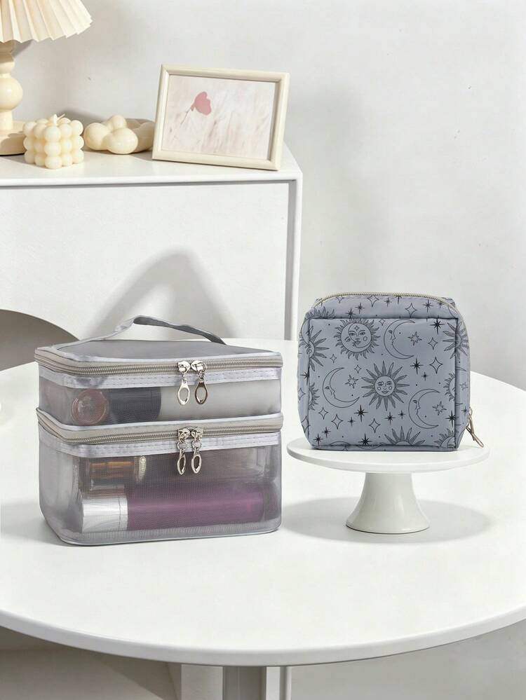 2pcs Travel Toiletry Set, Double-Layer Mesh Large Capacity Bag + Sun & Moon Print Mini Pouch, Dual-Compartment Storage, Smooth Metal Zipper, Durable Fabric, Dorm Desk Organizer / Weekend Getaway Travel, Makeup Enthusiasts, Gift For Women - Light Grey - View 2