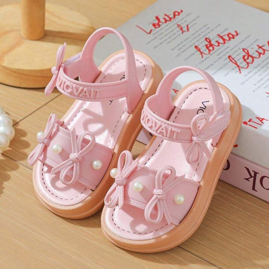 Lugualt Girls' Fashion Sunny Sandals, Korean Style Bow Knot Hook & Loop, Lightweight Non-Slip Soft Sole Princess Slides For Daily Wear And Outings - Baby Pink - View 1