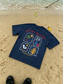 Men's Casual Vacation Minimalist Coconut Tree Print Round Neck Short Sleeve Summer T-Shirt - Navy Blue - View 2