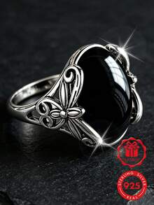 1pc S925 Sterling Silver Carved Synthetic Black Gemstone Ring, Perfect For Daily Wear And Anniversary Gift, Comes With Gift Box - Silver - View 3