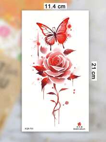 1 Sheet Red Flower And Butterfly Patterns Body Art Temporary Tattoo Sticker, Suitable For Men And Women, Lasting 2-5 Days, Suitable For Use On Arms, Wrists, Shoulders, Legs, Neck, Hands, Chest, Thighs, Fingers, Ankles, Suitable For Parties, Gifts - Red - View 8