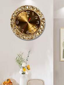 1pc 2D Flat Gold Diamond Theme Wooden Wall Clock | Silent Decorative Clock, Creative Design, Suitable For Bedroom, Living Room, Office, 25/30cm (AA Battery Not Included) - A - View 3