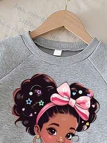 Girls' Cartoon Print Crew Neck Long Sleeve Top And Wide Leg Pants With Bow Decoration, Autumn/Winter - Grey - View 3