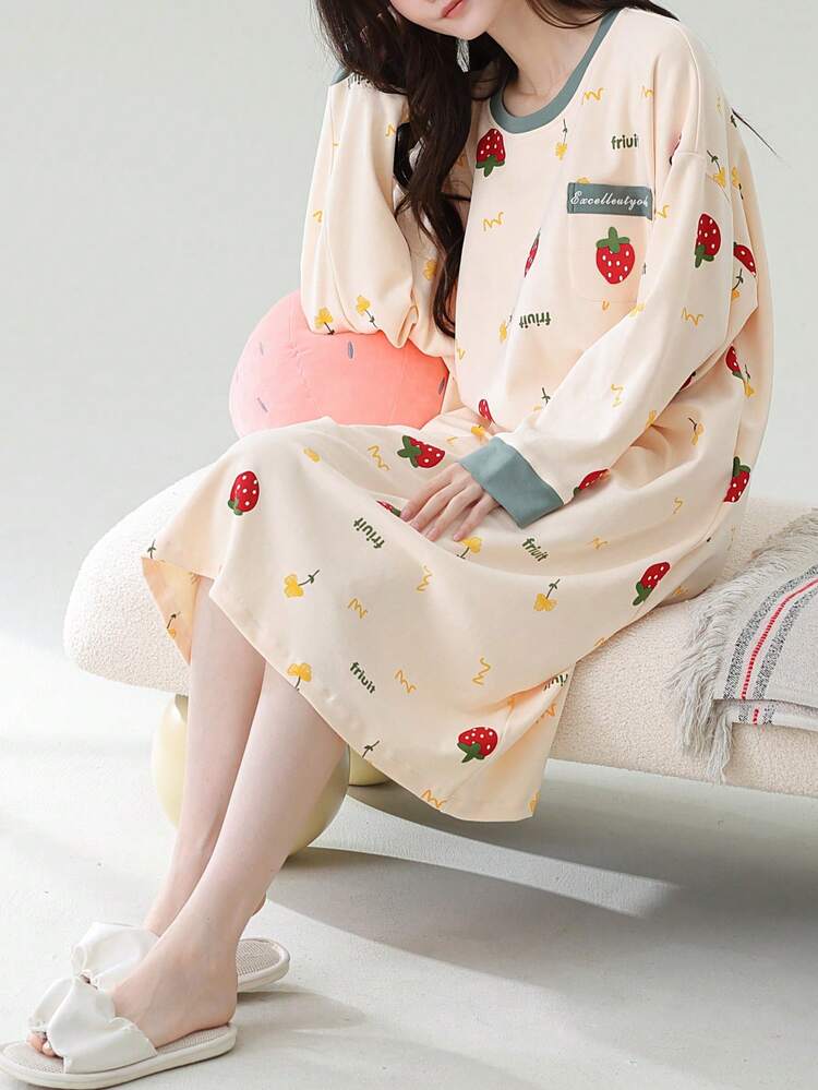 1件女款睡袍家居服，水果印花圖案套頭圓領附口袋長袖睡袍，舒適居家穿著 - 香檳色 - 查看 6