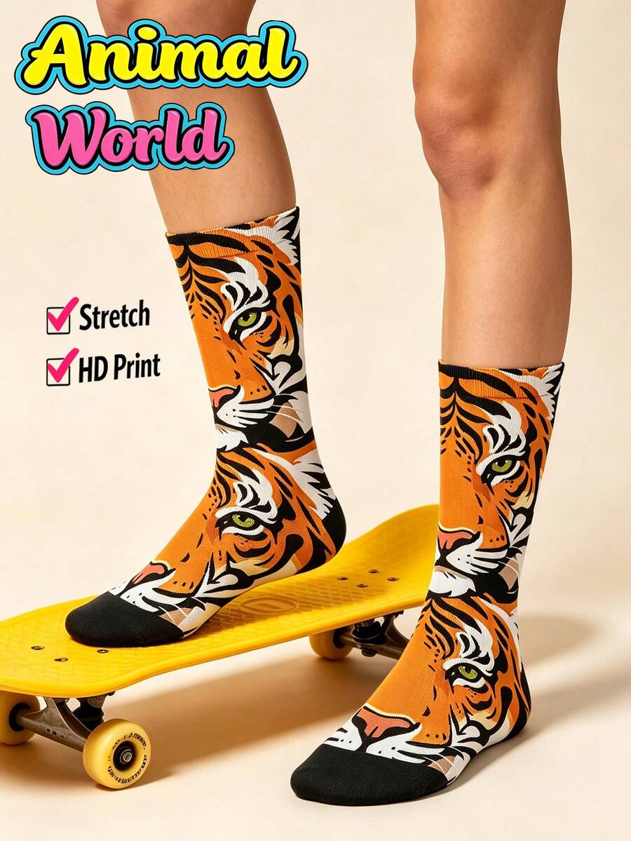 Cool 360° Printed Men's Socks - Street Style Socks, Tiger, Leopard, Animal Socks, Colorful, Street Art, Fun Socks, Suitable For Gifts, Daily, Holiday & Party Occasions