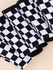 1/5 Pairs Men Black White Checkerboard Ribbed Crew Socks, Classic Chessboard Grid Skate Street Mid Calf Socks - Black and White - View 4
