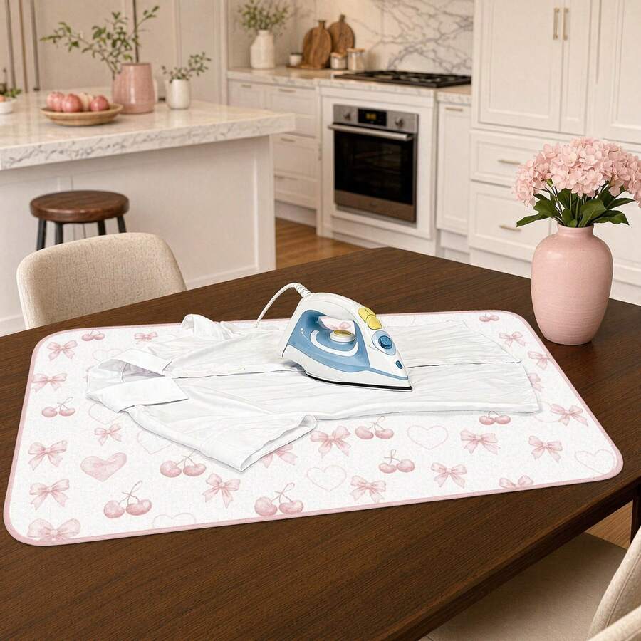 Portable Dual-Use Ironing Mat, Cute Bow & Cherry Print Foldable Ironing Pad, Supports Flat Surface & Hanging Ironing, Compact Space-Saving Ironing Board Alternative, Home & Travel Garment Care Easy Storage Pad
