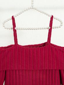 Tween Girls School Dress Autumn New Back To School Dress Fashion Versatile Red Ribbed Off-Shoulder Strap Beaded Decor Design Patchwork Casual A-Line Dress Elegant Vintage Princess Dress Suitable For Outdoor Wear - Red - View 9