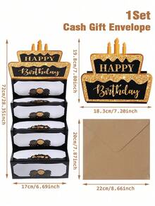 Black And Rose Gold Happy Birthday Foldable Money Card With Envelope, Cake Pattern Cash Holder, Surprise Money Gift Decoration, Anniversary Celebration, Small Birthday Gift And Party Favor, A Fun Way To Give Cash - Multicolor - View 10